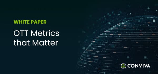 Green and whit text on blue background, with lines in sphere shape on right, Conviva logo bottom right corner