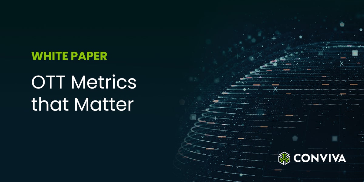 Green and whit text on blue background, with lines in sphere shape on right, Conviva logo bottom right corner