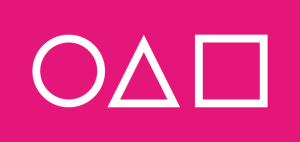 White circle, triangle, and square on pink background